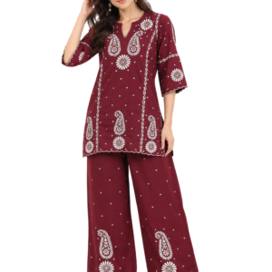 Wine Handmade Chikankari Co-Ord Set
