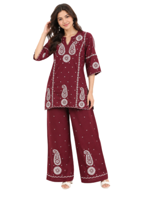 Wine Handmade Chikankari Co-Ord Set