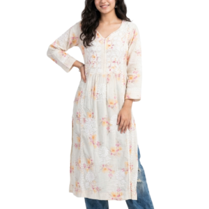 Floral Print Chikankari Gathered Kurti