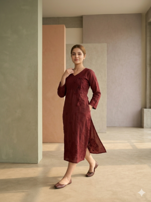 Rich Maroon Chikankari Cotton Kurti with Angrakha