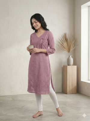 Elegant Mauve Chikankari Cotton Kurti with Angrakha Detail