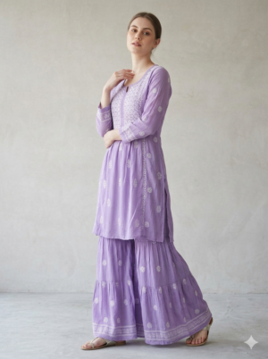 Purple Handmade Chikankari Kurti & Sharara Set