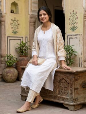 Classic White Chikankari Cotton Gathered Kurti
