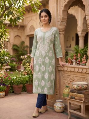 Sage Green Traditional Chikankari Cotton Kurti