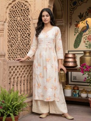 Floral Print Chikankari Gathered Kurti