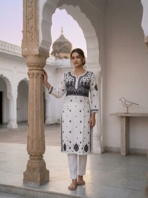 Bold Black & White Chikankari Straight Kurti