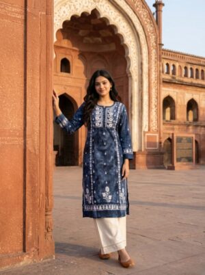 Indigo Tie-Dye Chikankari Cotton Gathered Kurti