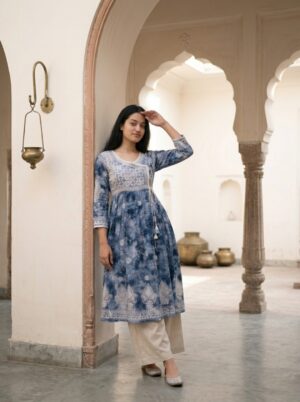 Indigo Tie-Dye Chikankari Cotton Angrakha Flare Kurta