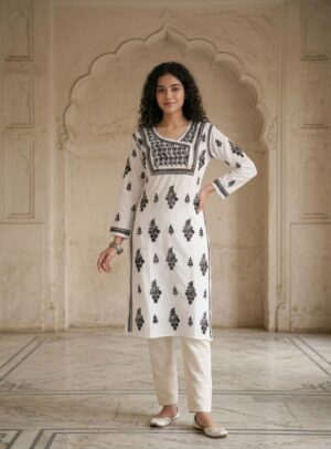 Monochrome White & Black Chikankari Cotton Angrakha Kurti