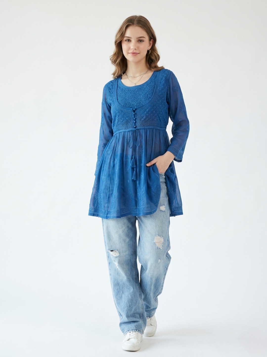 Blue Handmade Chikankari Short Kurti - Image 6