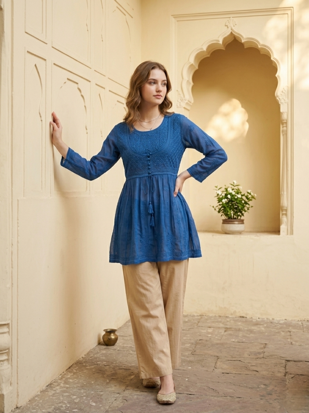 Blue Handmade Chikankari Short Kurti - Image 2