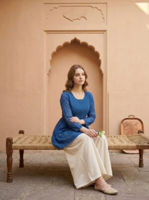 Blue Handmade Chikankari Short Kurti
