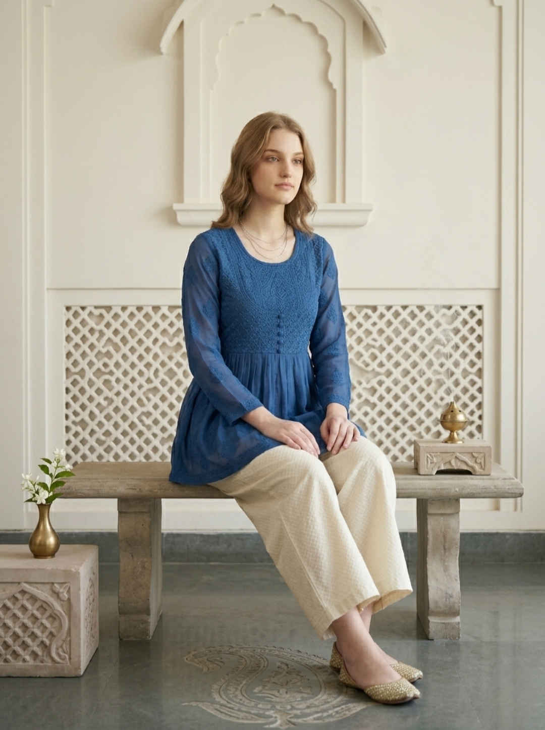 Blue Handmade Chikankari Short Kurti - Image 3