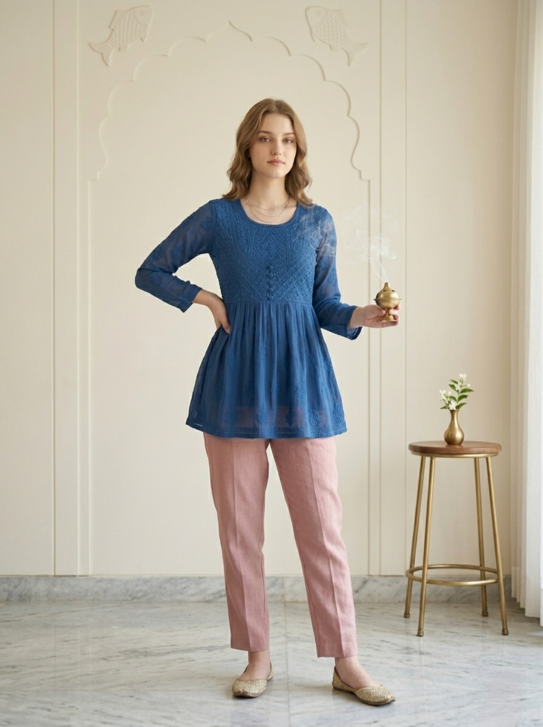 Blue Handmade Chikankari Short Kurti - Image 4