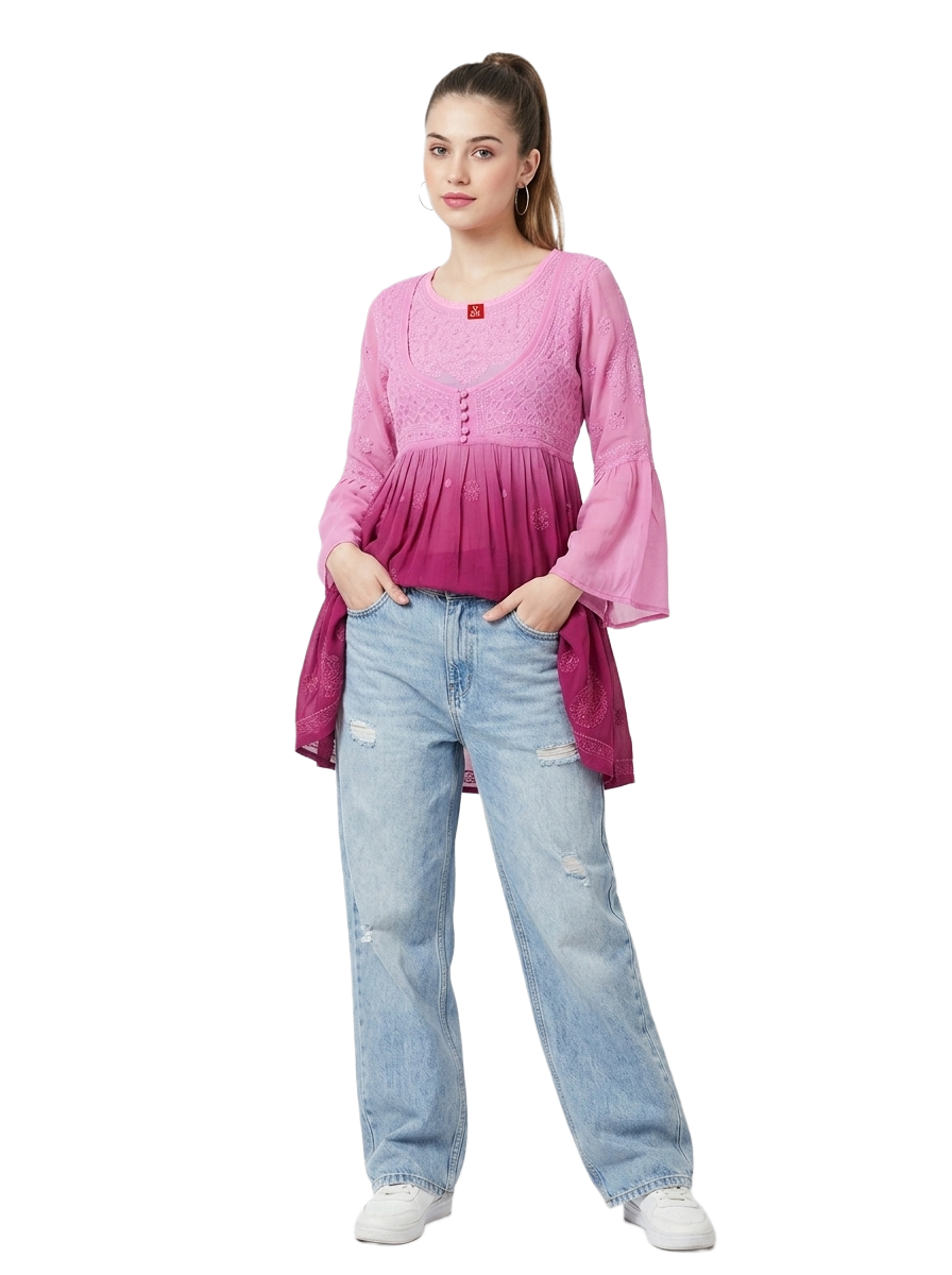 Pink Ombre Handmade Chikankari Short Kurti - Image 5