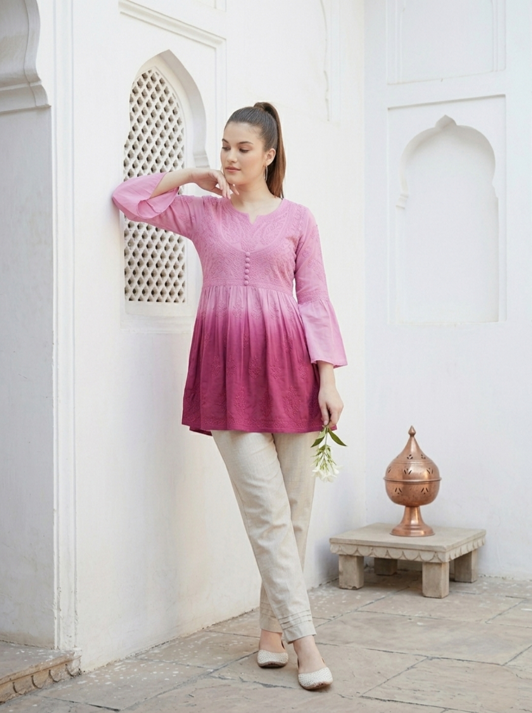 Pink Ombre Handmade Chikankari Short Kurti - Image 4