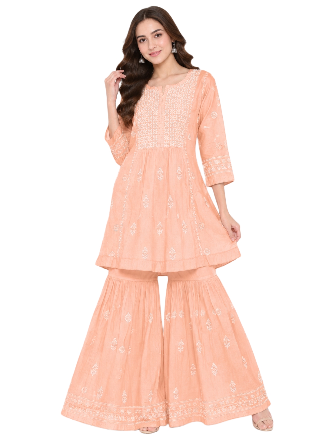 Peach Handmade Chikankari Kurti & Sharara Set - Image 4