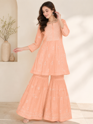 Peach Handmade Chikankari Kurti & Sharara Set