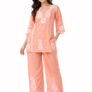 Peach Handmade Chikankari Co-Ord Set