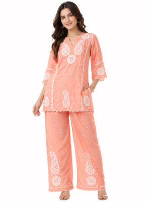 Peach Handmade Chikankari Co-Ord Set