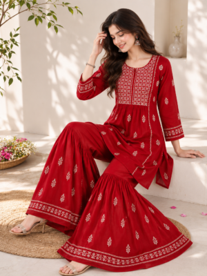 Ruby Red Handmade Chikankari Kurti & Sharara Set
