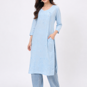 Sky Blue Serenity: Handcrafted Chikankari Angrakha-Style Kurti