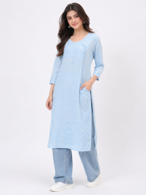 Sky Blue Serenity: Handcrafted Chikankari Angrakha-Style Kurti
