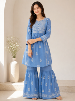 Sky Blue Handmade Chikankari Kurti & Sharara Set