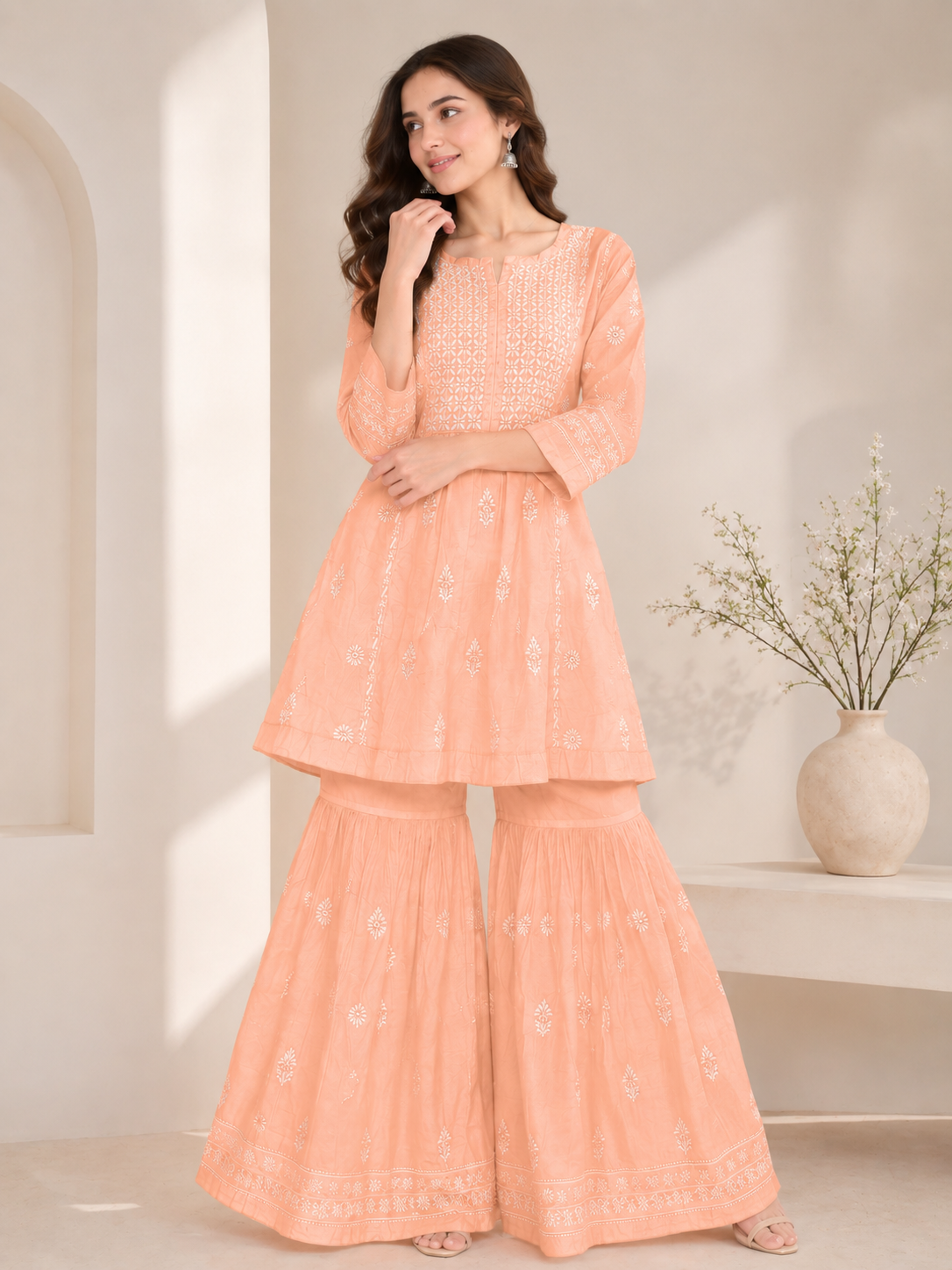 Peach Handmade Chikankari Kurti & Sharara Set - Image 2