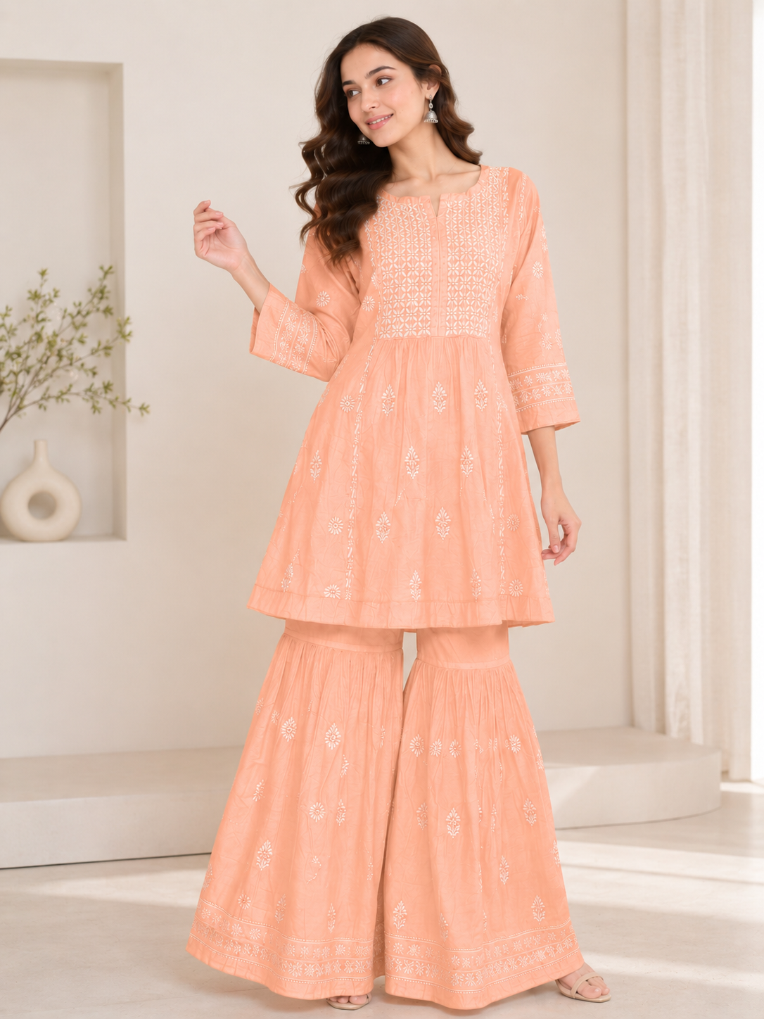 Peach Handmade Chikankari Kurti & Sharara Set - Image 3