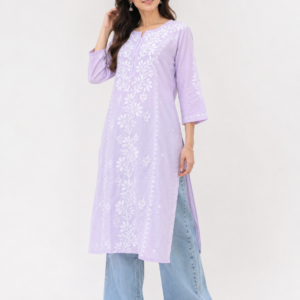 Lavender Elegance: Handcrafted Chikankari Straight Kurti