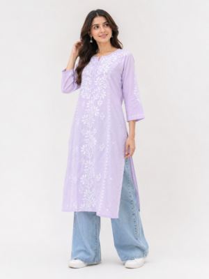 Lavender Elegance: Handcrafted Chikankari Straight Kurti