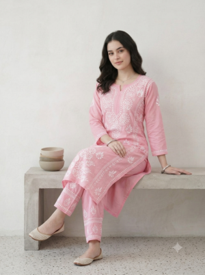 Pastel Pink Chikankari Kurti & Pant Set