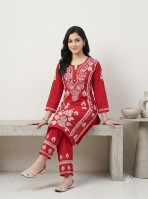 Crimson Red Chikankari Kurti & Pant Set
