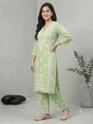 Elegant Sage Green Chikankari Kurti & Pant Set